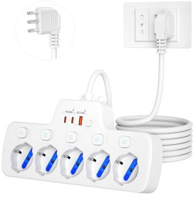 Ciabatta Elettrica Multipresa 5 Posti Polivalenti Schuko Bipasso 10/16A,Scarpetta Multipresa con Interruttori Indipendenti,Presa Multipla Elettriche Salvaspazio,Spina Ita 16A,Prolunga 1,5m,Bianco