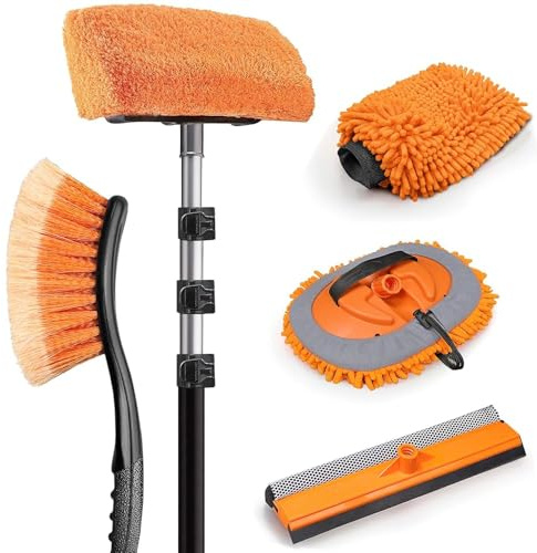 4-12FT Car Cleaning Kit Household Window Wash Brush with Extra-Thick Aluminum 3x Extension Pole, for Caravan, Lorry, with Soft Brush, Tire Brush, Squeegee, Car Wash Mitt, Microfiber Cleaning Head