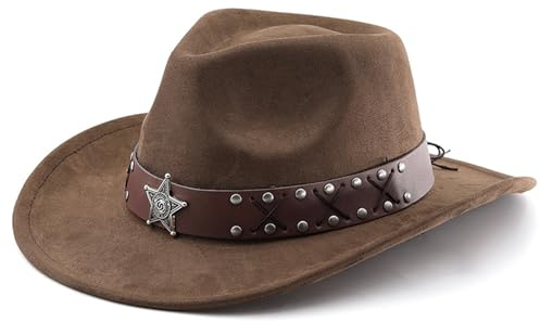 Western Cowboy Hat for Women and Men, Wide Brim Western Suede Leather Hat with Star Studded Belt Unique Cowboy Accessories Fashionable Outdoor Hat