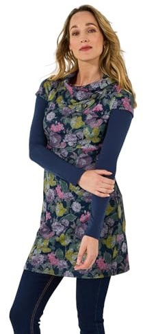 Joe Browns Women's Floral Print Stretch Jacquard Roll-Neck Layered Tunic Top Shirt, Blue, 16