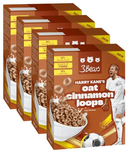 3Bears Oat Cinnamon Loops Cereals 4x250g - knuspriges Müsli mit Vollkorn-Hafer & Zimt - Ballaststoff- & Proteinquelle, vegan ohne Industriezucker - entwickelt mit Harry Kane