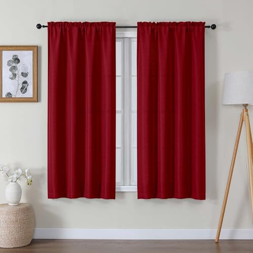 Lecloud Bessie Red Christmas Curtains 63 Inch Length 2 Panels, Privacy Faux Linen Breathable Light Filtering Curtain, Rustic Dual Rod Pocket Window Drapes for Bedroom Livingroom, Each 40 W x 63 L