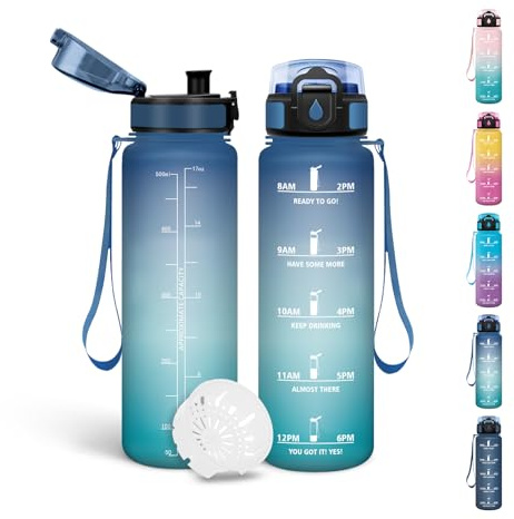 Motswedi Gourde Enfant, 500 ml Sans BPA, Gourde Anti Fuite, avec Marqueur de Temps, Bouteille d'eau, Anti-Fuite, Bouteille pour École, Fitness, Sport, Yoga, Randonnée - Bleu&vert