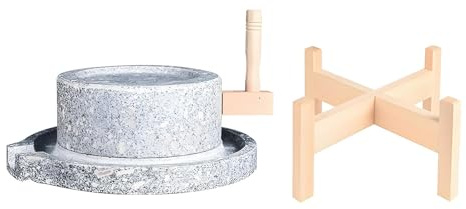 Yinian Traditional Stone Grain Mill, Household Retro Small Stone Mill, Spice Mill Grinder, Manual Flour Grinder with Wooden Frame, 13.7in Base, Double Stone Grinding Wheels(Size:35cm)
