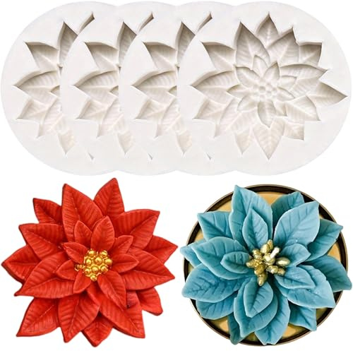 pekifaves Lot de 4 moules en silicone en forme de Fleurs de Noël, Moule à bougie de Noël, pour la fabrication de savon, de bougies, d'artisanat, chocolats, fondants