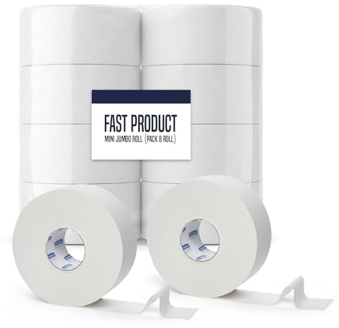 Mini Jumbo Toilet Rolls 2-Ply White Tissue – 85mm x 300m Long, Soft & Strong Premium Quality | Bulk Pack of 8 Roll Case Ideal for Commercial, Office, and Home Bathrooms Toilet Rolls.