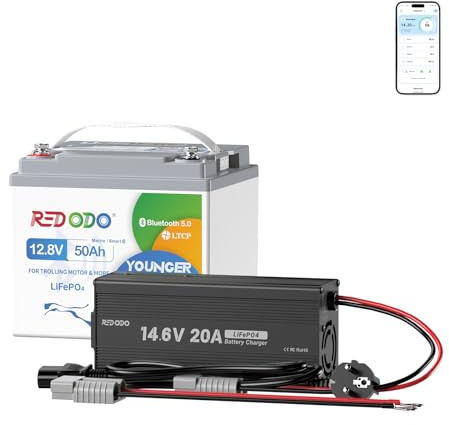 Redodo 12V 50Ah Batería Litio con Bluetooth + 14,6V 20A Cargador 640Wh BMS 50A Protección Bajas Temperaturas Carga Rápida en 2,5 Horas para Baterías 12V LiFePO4 Camping Off-Grid Solar