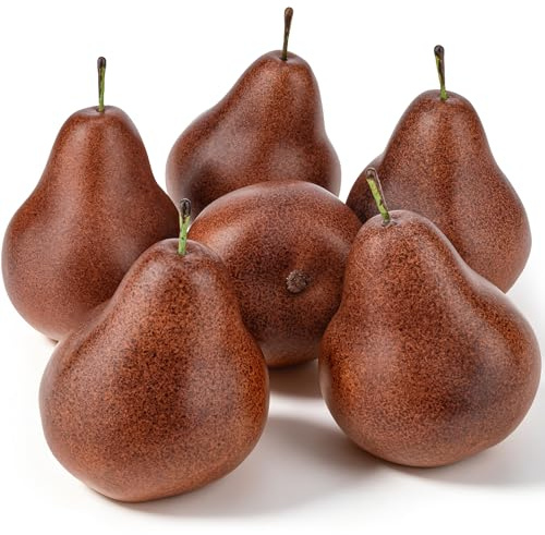 Funzhan 6pcs Faux Brown Pears Fake Pear Fruit Decor Realistic Artificial Pears Plastic Fruits Bowl Decoration for Home Kitchen Office Table Centerpiece Party Ornaments Shop Supermarket Props