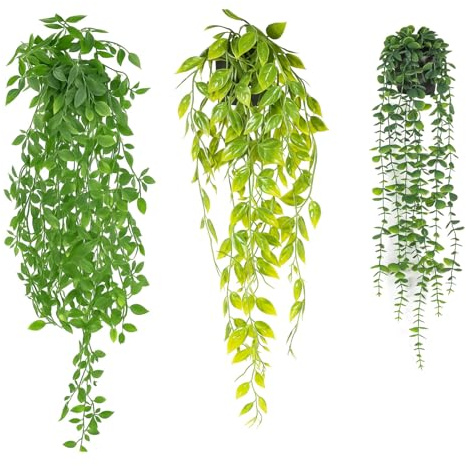 M.J COMFY-LIFE Artificial Hanging Plants with Pots Fake Ivy Vine Trailing Plants UV-Resistant PE Faux Greenery for Indoor Outdoor Home Decor Wall Patio Shelf and Office Decoration (Green 3Pcs)