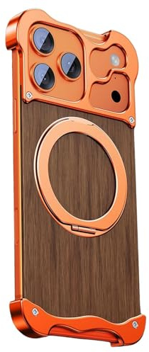 HUHUCASE Oregelbundet format valnötsträ fodral för iPhone 17 Pro Max, med magnetiskt 360° roterande stativ och fyra hörn krockkuddar. (iPhone16pro, orange)