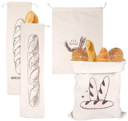 4pcs Linen Bread Bags, 64x16cm Baguette & 40x30cm Standard Drawstring | Linen, for Homemade Loaves Bakery Produce Kitchen Organization Reusable Storage