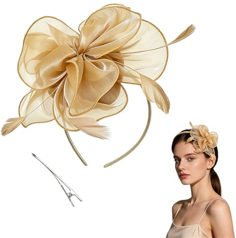 Gold Fascinator, Gold Fascinators for Weddings, Flower Champagne Fascinator, Elegant Stylish Ladies Hatinators for Weddings UK Tea Party Cocktail Race Valentine's Day Festivals