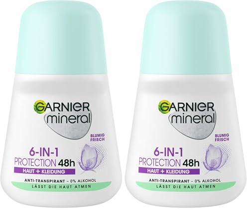 Garnier Deodorante roll-On per donne, deodorante dal profumo fresco e fino a 48 ore di protezione contro l'umidità delle ascelle e l'odore del corpo, protezione minerale 6 in 1, anti-traspirazione, 1