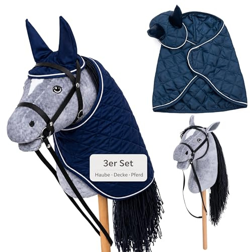 Hoofly® Hobby Horse Set – Großes Steckenpferd für Kinder mit Decke & Fliegenhaube | Komplettes Hobby Horsing Set mit Trense & 35 cm Schraubstab | Graues Pferd – Blaues Zubehör