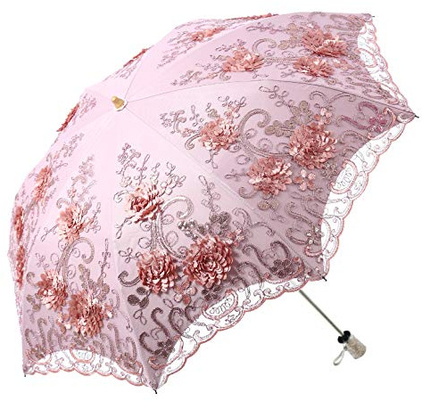 LCY Embroidered Lace Double-deck Anti-UV Parasol Sun/Rain/Snow Folding Umbrella-Pink