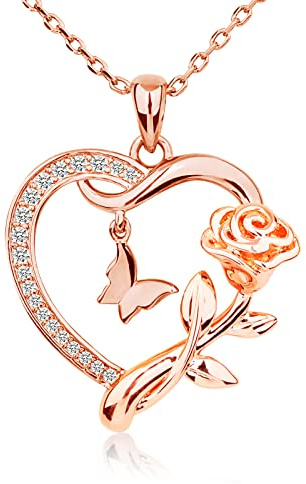 Alsanix Heart Shaped Butterfly Rose Pendant Necklace 925 Sterling Silver, Ladies Heart Necklace 14k Gold Plated, Birthday Jewelry Gift(rose gold)