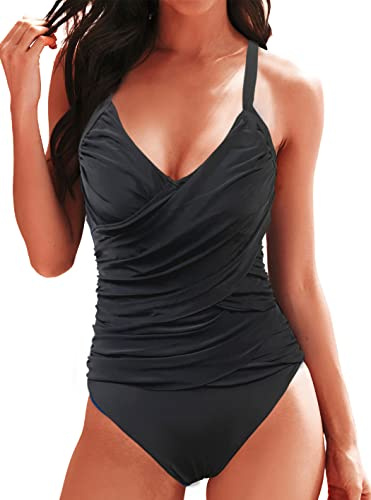 Rayson Costume Intero Modellante da Donna Curvy Costumi Interi Mare Eleganti con Imbottito Push Up Contenitivo Costume da Bagno Intero Scollo a V per Piscina Spiaggia Estate(Nero,L)
