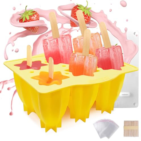 Moldes Helados,Molde Helado Silicona,Molde para Polos,6 Reutilizable Helados Molde DIY sin BPA, Moldes para Helados para Niños Adultos (carambola amarilla)