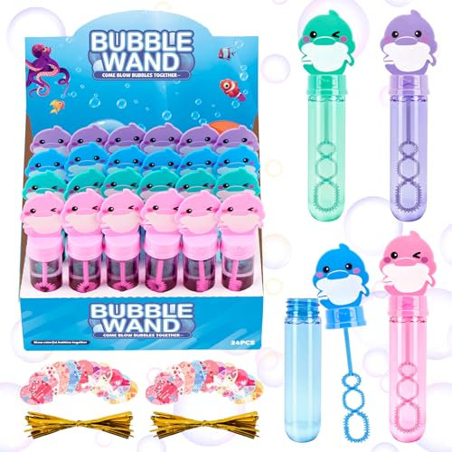 ilauke 24 stycken tvålbubblor för barn, minitvålbubblor, set med 4 färger, delfin, tvålbubblor, små med 24 kort och knytremmar, för bröllop, barnfödelsedag, registreringsfest, polterkväll, barnfest