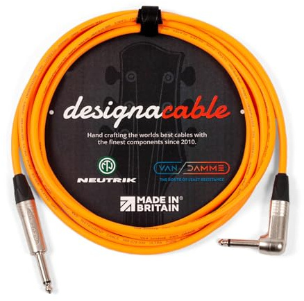 designacable.com 10m - Orange Unbalanced Straight to Angled Jack Guitar Lead - Handmade in the UK using Van Damme XKE instrument cable & Neutrik NP2X & NP2RX 1/4 Mono Jacks.