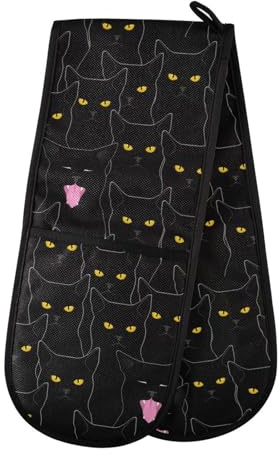 Double Oven Gloves Black Cats Pattern Heat Resistant Pot Holder Oven Mitt Gloves for BBQ Cooking Baking Grilling Microwave