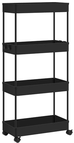 Klihome Servierwagen 4 Ebenen, Rollwagen schmal, Küchenwagen mit Rollen, Nischenwagen mit ausgehöhlten Körben, Rollregal für Küche Wohnzimmer Badezimmer, aus Kunststoff, Schwarz
