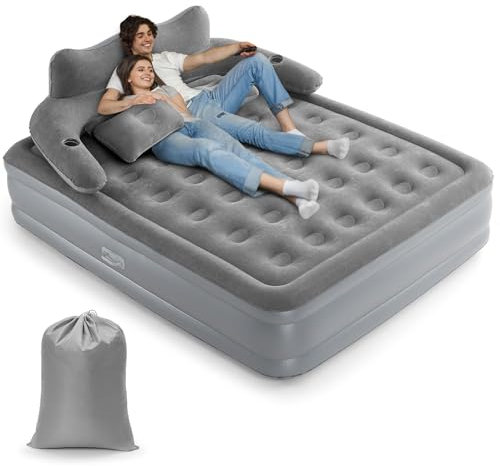 Aptliton Air Bed Double Size Self-Inflating Airbed with Backrest Removable, Inflatable Mattress Portable Blow Up Bed for Bedroom Guest Room, Includes Storage Bag, Gray, 195 x 150 x 40 cm