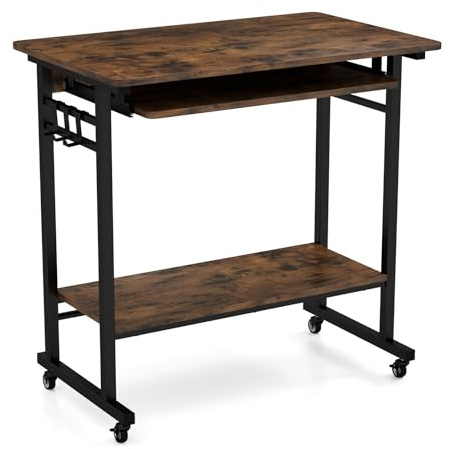 GYMAX Scrivania in Metallo e Legno, Tavolo da Lavoro con Vassoio per Tastiera, 3 Ganci e Ripiano Inferiore Aperto, 4 Ruote Universali Silenziose, 80 x 50 x 78 cm, Marrone Industriale