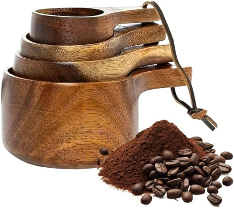 BommFu Juego de tazas y cucharas medidoras de madera | Taza medidora de madera hecha a mano | Pala de café de madera de granja | Azúcar y sal - Cuchara para especias - Cocina Granos de café Planta