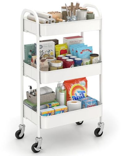 Sekey Rollwagen, Küchenwagen mit 3 Ebenen| Stahl-Gestell und -Ablagekörbe| 360°-Gummiräder mit Bremse| Glatt Lackiert, Rostfest| mit Griff| für Küche, Bad, Büro, Wohnzimmer, Schlafzimmer| Weiß