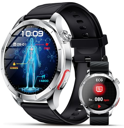 Lgnitek 2025 Neu Smartwatch Herren Damen mit EKG/HRV/BMI/Harnsäure, 1,43 AMOLED Gesundheitsuhr mit 24H ΒΙυtdrυck SpO2 Apnoe Schlafmonitor SOS-Notruf Fitnessuhr Android/iOS, Schwarz Silikonarmband