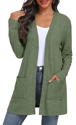QIXING Women's Cardigan Open Front Lightweight Long Sleeve Casual Sweater Cardigan with Pockets for Autumn Winter (Moss Green, L)