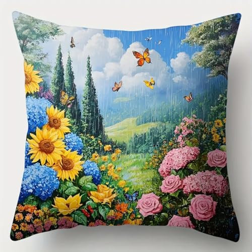 ANSIWEIGO Kit Point Noué Coussin,Canevas à Nouer 43x43 cm,Activité DIY pour Débutants, Enfants et Adultes,Décoration Maison et Cadeau Fait Main,Pluie dans un champ de fleurs