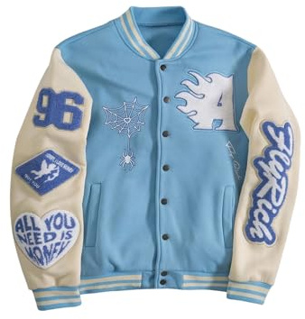 GORGLITTER Men's Button Down Varsity Baseball Jacket Trendy Graphic Letterman Jacket Y2K Bomber Coat Preppy Clothes Light Blue Large