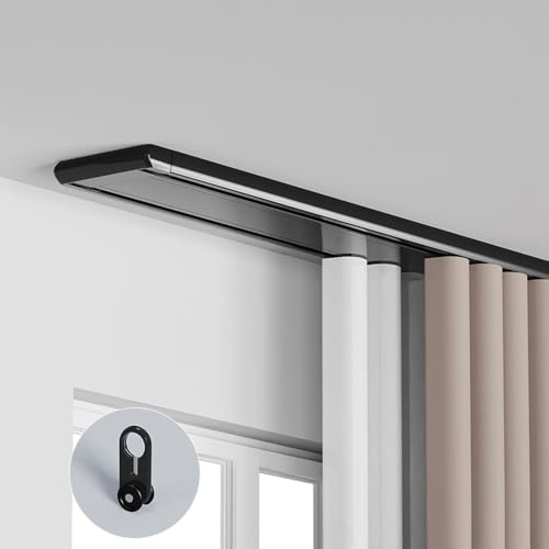 Barra de cortina resistente de 2 vías (1-6 m), barra de cortina de aluminio montada en el techo para oficina, sala de estar, dormitorio, color negro (3,7 m)