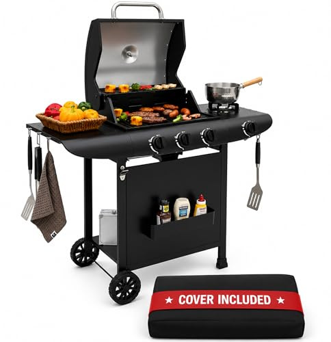 Gas Grill BBQ 3 Burner with Cover, Lid and Side Burner, 48 x 42cm Cooking Surface - Ideal for Outdoor Cooking