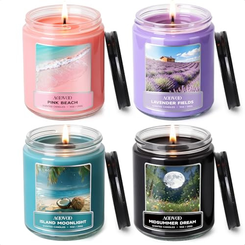 AOOVOO Juego de velas perfumadas para mujer, paquete de 4 velas de cera de soja para el hogar, 1020 g, 200 horas de combustión, velas aromáticas de playa rosa/luz de luna de isla/sueño de verano