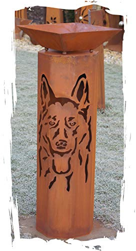 JH-Metalldesign 8-Eck Säule Schäferhund + Schale Classic Edelrost Rost Metall Gartendeko Garten Stele