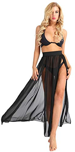 iiniim Maxi Jupe Longue Plage Soirée Party Vacances Bohême Femme Jupe Plissée Transparent en Mousseline De Soie Tenue Danse Ballet Voyage Taille Haute Noir M