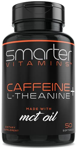 SmarterVitamins 200mg Caffeine Pills - MCT Oil from 100% Coconuts + 100mg L-Theanine, Energy and Focus, Extended Release Capsule, 50 Liquid Softgels