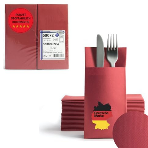 AROBA 100 x Airlaid Cutlery Napkins (Red Burgundy, 39 x 40 cm), High-Quality Napkin Pockets, Ready-Folded Cutlery Pockets, Fabric-Like Airlaid Napkins