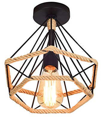 WOWEWA Lampe de Plafond rétro vintage Plafonnier Industrielle Cage en forme Diamant en Métal avec corde de chanvre Fer Lustre Suspension Luminaire pour Salon Salle Chambre Décorer Maison,25cm