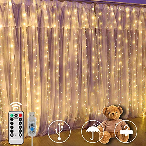 SUNNOW Cortina de Luces, 300 LED 300 * 300cm 8 Modos Cadena de Luces con Remoto,Alimentadas .por USB,Resistente al Agua,Guirnaldas Luminosas para Fiestas,Navidad,Bodas,Ventanas,Interior,Exterior.