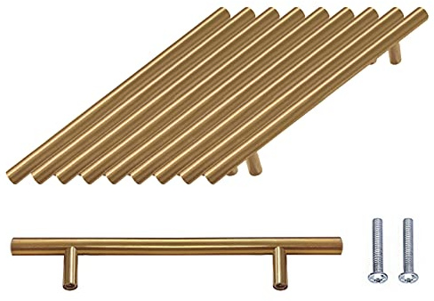 SPDYCESS 10 Stück T Bar Möbelgriffe, Gebürstete Schranktürgriffe aus Edelstahl mit Schrauben, Gold Schubladengriffe für Küche 128mm Lochabstand