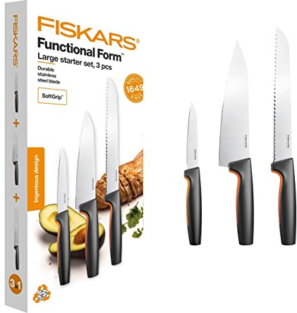 Fiskars Köksknivset, 3-delars, Functional Form, Inklusive Kockkniv (medium) | Grönsakskniv och Brödkniv, Japanskt Rostfritt stål/Plast, 1057559