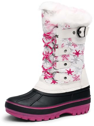 DREAM PAIRS Snöstövlar för pojkar, flickor, vattentåliga, utomhus, varm, mysig, halkskydd, mitten av vaden fuskpälsfoder, isolerade vinterskor för små/stora barn, Vit/fuchsia, 1 Little Kid