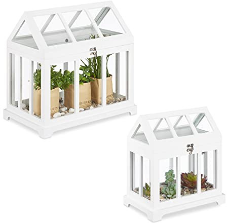 Relaxdays mini greenhouse, set of 2, for windowsill, indoor glasshouse, herbs, plants, 2 sizes, white, MDF & glass, Fibreboard, 37 x 37.5 x 24 cm