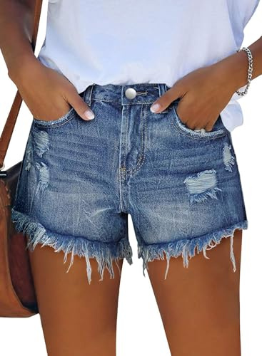 KISSMODA Denim Shorts for Women Frayed Raw Hem Ripped Jeans Retro Mom Short Dark Blue Medium