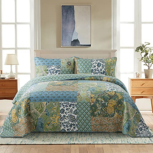NEWLAKE Baumwoll-Patchwork-Tagesdecke, 3-teiliges Bettwäsche-Set mit echter genähter Stickerei, wendbares Matelasse-Bettwäsche-Set, grüner Bauernhaus-Garten, Queen-Size-Größe