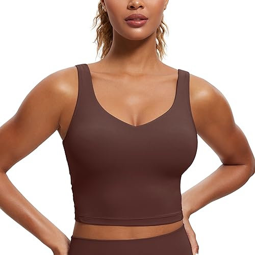 CRZ YOGA Butterluxe Damen V-Ausschnitt Longline Sport-BH - Gepolstert Workout Crop Tank Top mit Eingebautem BH Taupe S